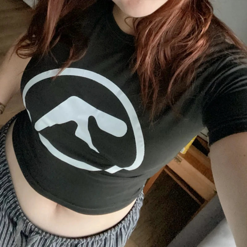 Punk Aphex Twin Print T-Shirt Oversize Hip Hop Women Streetwear Harajuku Crop Top Baby Tee Goth Summer Grunge Gothic Clothes Y2k