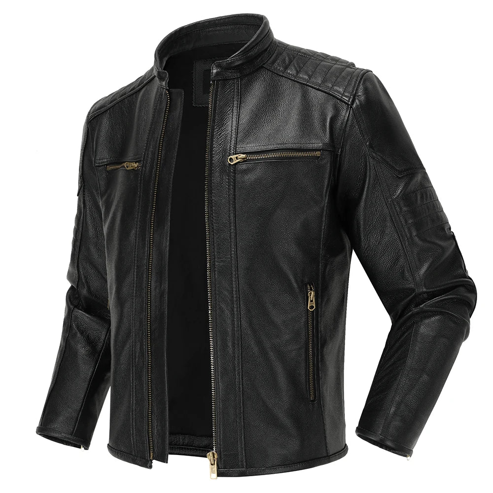 Men's Natural Leather Jacket First Layer Calfskin Stand Collar Motorcycle Jacket Retro Brown Cowhide Jacket Men‘s Biker Clothes